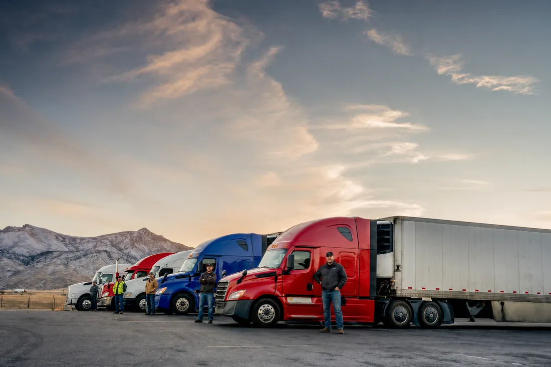 American Tico drivers beside their fleet of trucks at sunset